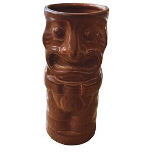 Chiki Tiki Cup Glass Bud Vase 12 oz Hawaiian Brown Face 6.25” Tall Totem Face